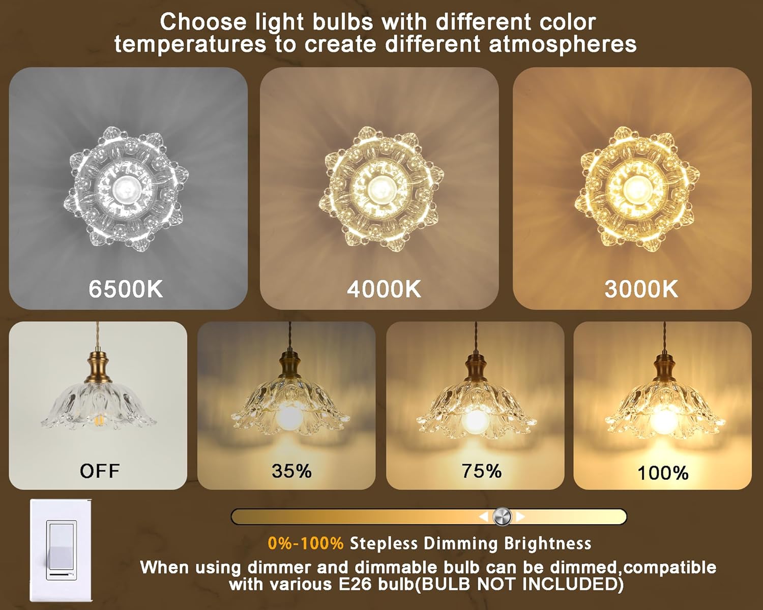 Gold Glass Pendant Lights, 10.6" 1-Light Vintage Hanging Light Fixtures with Flower Clear Glass Antique Brushed Brass Pendant Lighting for Kitchen Island Sink Dining Room