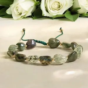 Natural Raw Green Rutilated Quartz Chip Stone Healing Reiki Bracelet for Women Men Handmade Boho Beads Dainty Adjustable Bracelet