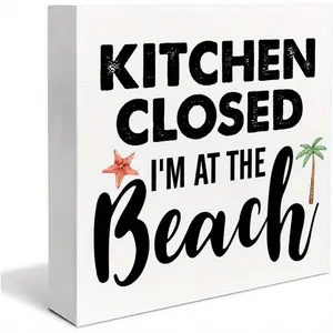 Beach Theme Wooden Box Sign Beach House Decor Kitchen Closed I'm at the Beach Square Wood Sign Desk Decoration Coastal Wood Block Plaque Box Sign for Shelf Home 5 x 5 Inches Novelty Desk Decor