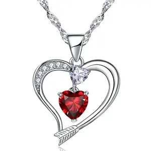 Emma Manor Birthstone Necklace 14k White Gold Plated 5A Heart Cubic Zirconia Arrow Love Heart Pendant Necklace for Women