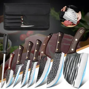 MDHAND 8Pcs Kitchen Chef Knife Set Professional, High Carbon Steel, Hand Forged Butcher Knife, Meat Cleaver Boning Knife Viking Knife, with Roll Bag, Best Gift, mothersdaygift