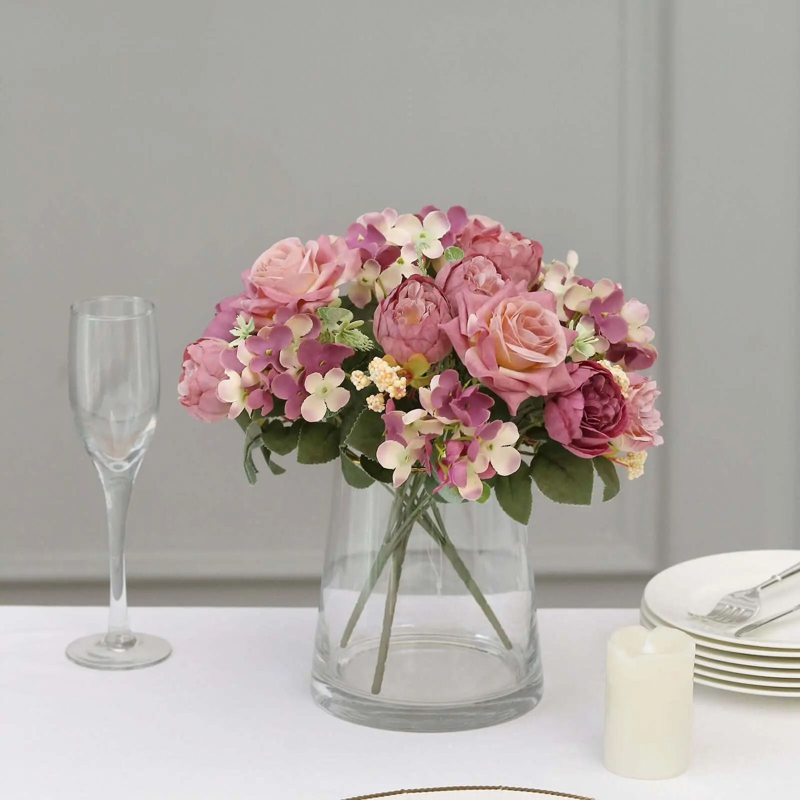 Decorative Silk Faux Flower Arrangements - 12in Dusty Rose Mixed Blooms 2-Pack Bouquets with Peony & Hydrangea, for Home, Wedding Floral Decor