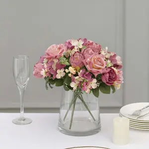 2 Pack Silk Rose Bouquets Mixed Peony & Hydrangea - 12" Dusty Rose Artificial Floral Arrangements