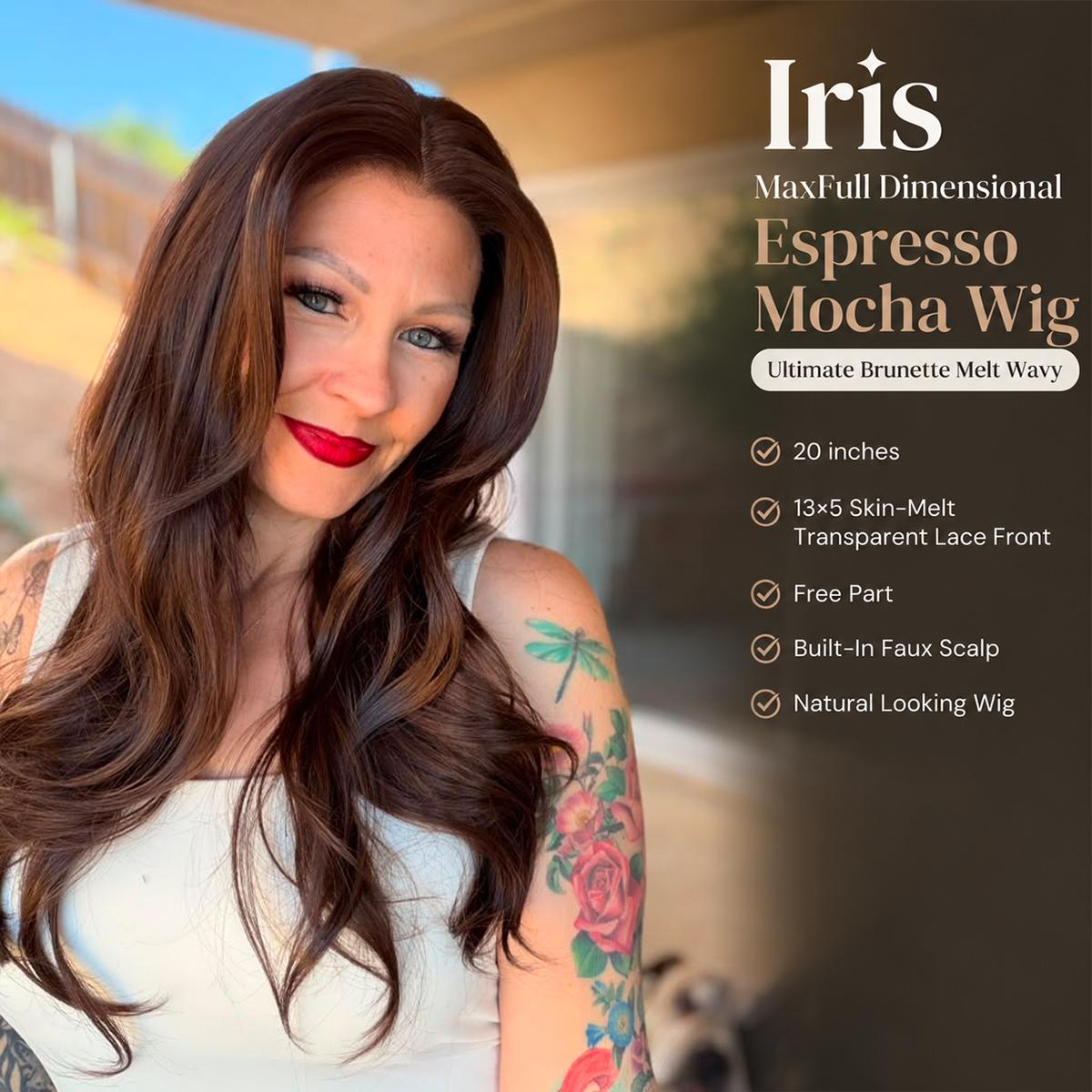 Iris - MaxFull Dimensional Espresso Mocha Wig | Ultimate Brunette Melt Wavy, 20 inches, 13×5 Skin-Melt Transparent Lace Front, Free Part, Built-In Faux Scalp, Natural Looking Wig