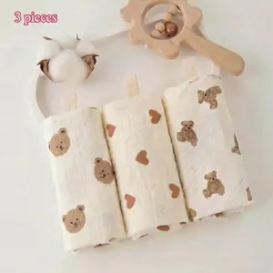 Soft Breathable Absorbent Multifunctional Cloth Face Towels, Cute Bear Heart Print Bath Towels, 25cm X 25cm Daily Use