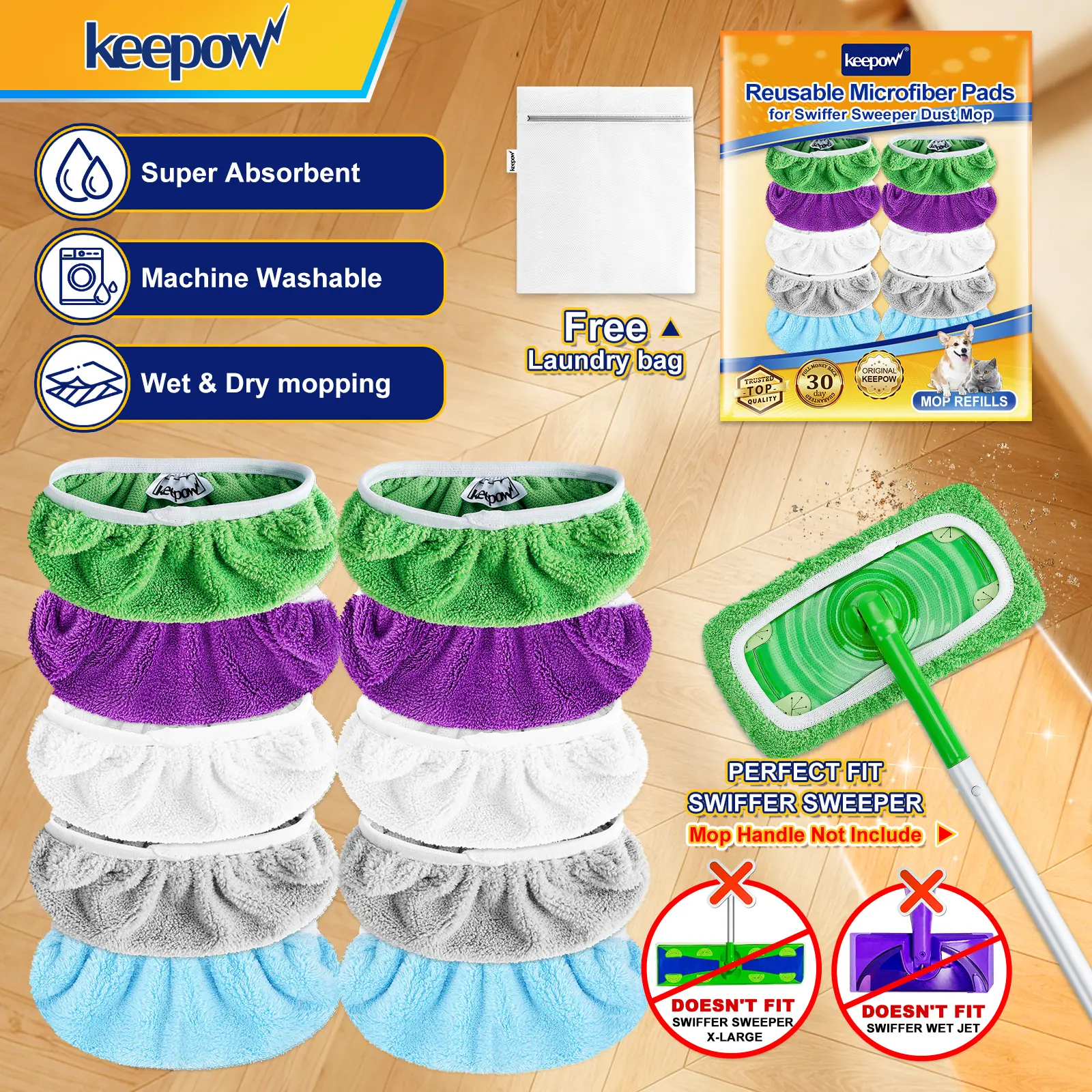 KEEPOW Reusable Mop Pads for Swiffer Sweeper Mop, Washable Wet Pad Refills for Wet & Dry Use, Cotton Dry Sweeping Cloths for Pets, Kitchen Hardwood Floor Cleaning(Mop is Not Included) Microfiber