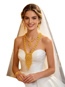 Bridal Jewelry Set for Wedding | Gold Tone Necklace + Earrings + Ring + Bracelet | Rhinestone Crystal Party Accessories | Valentine's Day Gift for Her | Luxury Bridal Shower Present