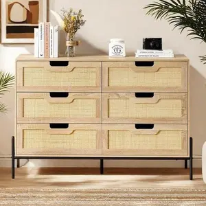 【Christmas Gift】Natural Rattan 6 Drawer Dresser Wooden Chest of Drawer Farmhouse Storage Cabinet with Solid Metal Legs Modern Storage Unit for Bedroom Living Room Entryway Oak