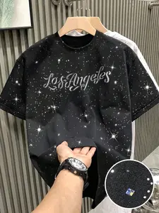 Men's Loose Fit Fashion Print T-Shirt, Silver Color Rhinestone Craft, Handwritten Los Angeles Name Pattern, Casual Daily Wear
