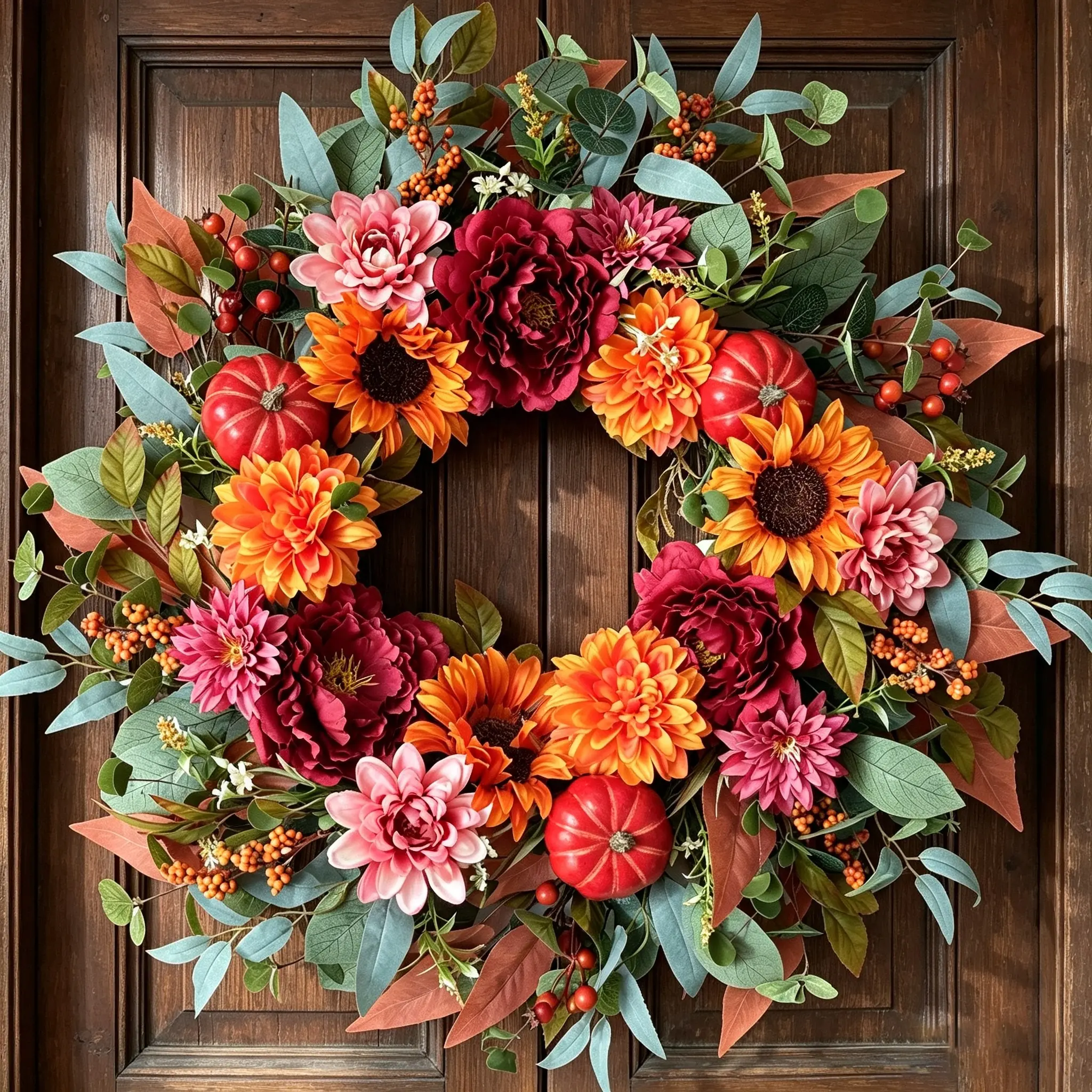 Egolot 22-Inch Fall Orange Artificial Forsythia Wreath, Front Door Decoration, Indoor-Outdoor Home Festival Ornament