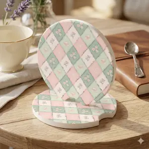 Pastel Coquette Soapstone Car Coaster Set, Floral Patchwork Cup Holder Coasters, Cute Vintage Bow Auto Accessories Gift
