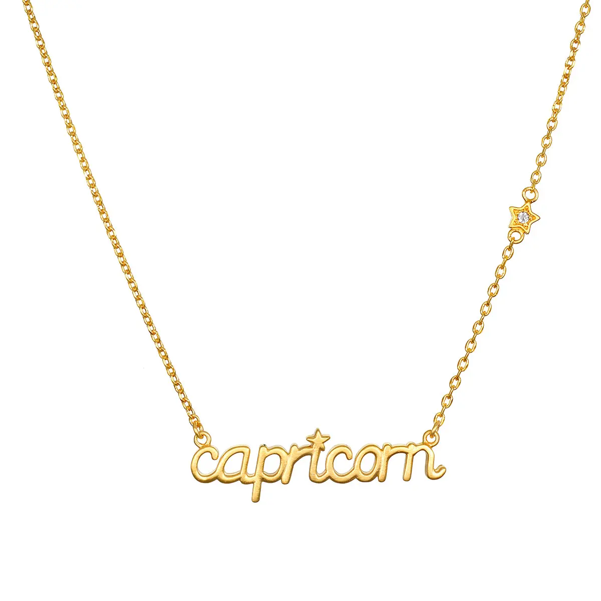 Unisex Capricorn Zodiac Script Necklace - Platinum & Carat Gold Jewelry Accessory for Adults, Symbolizing Ambition, Grounded and Determined Spirit, Inner Strength, Dreams, Creativity, Resilience, Stone of Clarity, Strengthens Powers Of Manifestation