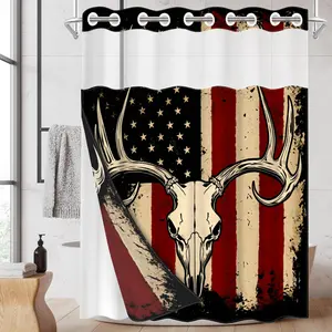 1pc hookless shower curtain with buttoned liner, skull deer head design 2D flat printing, fabric waterproof liner shower curtain with see-through window, double-layer shower curtain, 71 x 74 inches, modern home curtain decoration