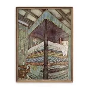 Vintage Whimsical Art Print_ Woman Sleeping on Stacked Pillow Tops, Cozy Bedroom Painting, Above Bed Decor, Cottagecore Wall Art