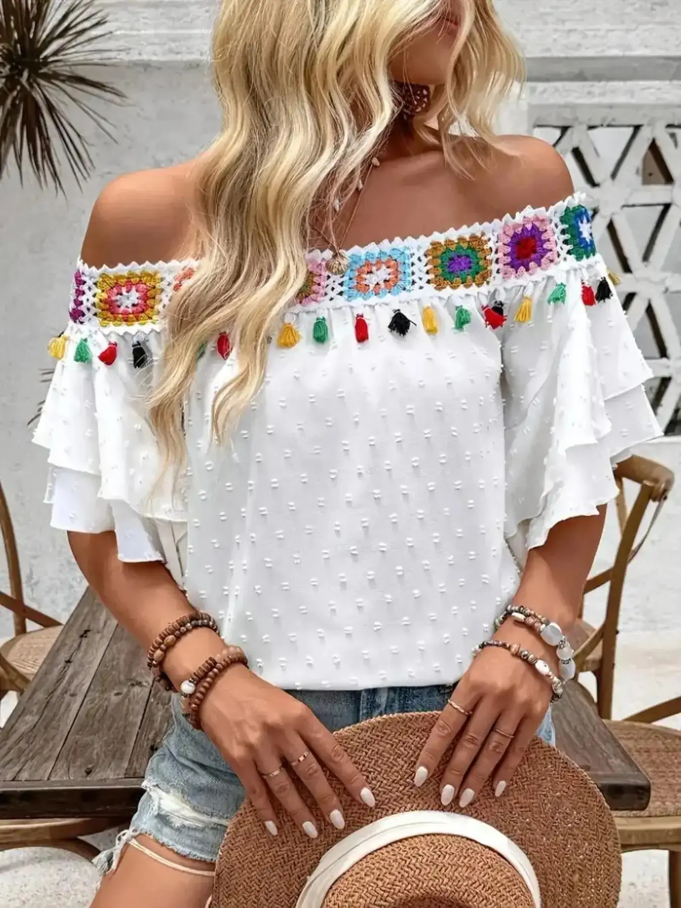 Women's Sleek Elegant Off-Shoulder Short Ruffle Top with Colorful Fringes Free Spirit Style, All Seasons Fashion Blouse, Stylish Casual Wear Ruffled Boho Bohemian Womenswear Elegance, Well Made, Multipurpose