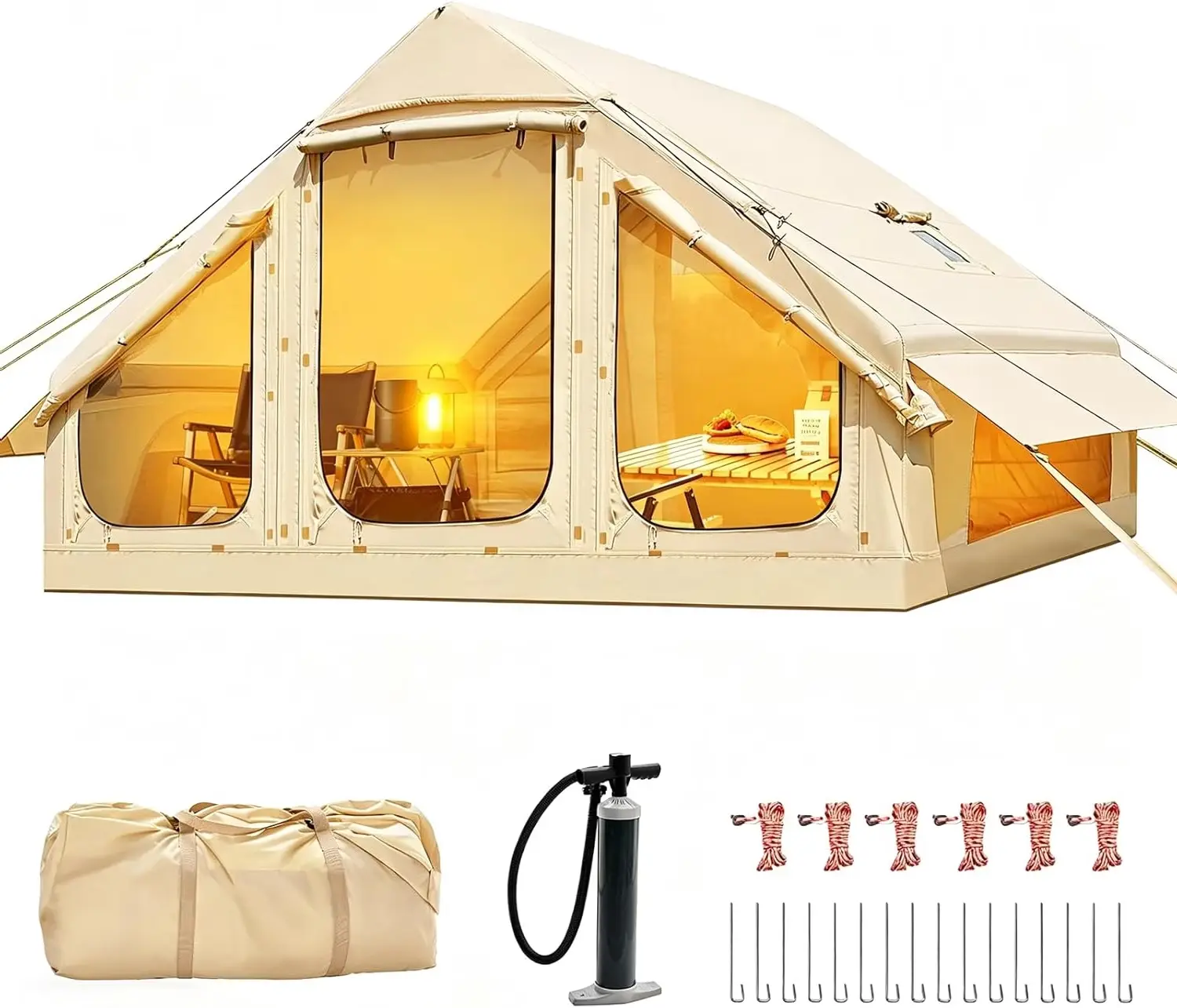 Inflatable tent for 4-6 people with smoke vents, warm camping tent with hand pump, waterproof inflatable camping tent with mesh windows, easy-to-assemble inflatable house for luxury camping.
