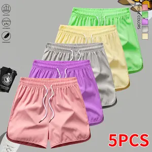 Set of 5 women’s athletic casual shorts featuring a drawstring elastic waistband and solid color; suitable for yoga and other sports activities; summer apparel.