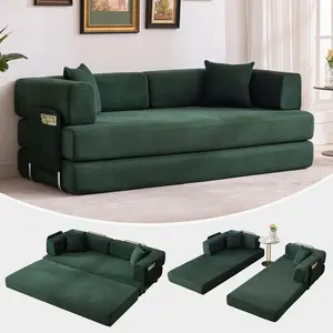 Garvee 5-in-1 Convertible Sofa Bed, 78.8in Modular Corduroy Sleeper with Sturdy Frame, No Assembly Required, Multi-Functional Futon Ideal for Small Spaces, Living Room, Guest Room, Apartment - Dark Green