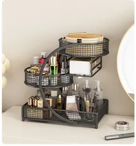 No-Assembly Spiral Metal Makeup Organizer 3-Tier Varnished Bronze Countertop Shelf with Mesh Baskets Space-Saving Freestanding Bathroom Vanity Storage for Lipstick Skincare Brushes & Bottles Compact Vertical Design