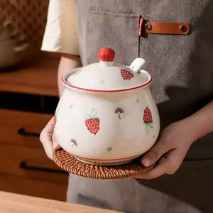 Ceramic Strawberry Pattern Seasoning Spice Jar Set, Large Capacity Kitchen Salt Container, Home Use Sugar Jar, Oil Storage Bottle, Classic Style