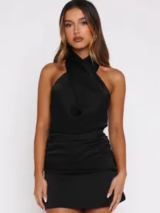 Satin Halter Backless Short Dress, Satin Texture, Halter Strap, Large Back Cutout, Side Ruching, Sexy High-End Party Dress, Fit