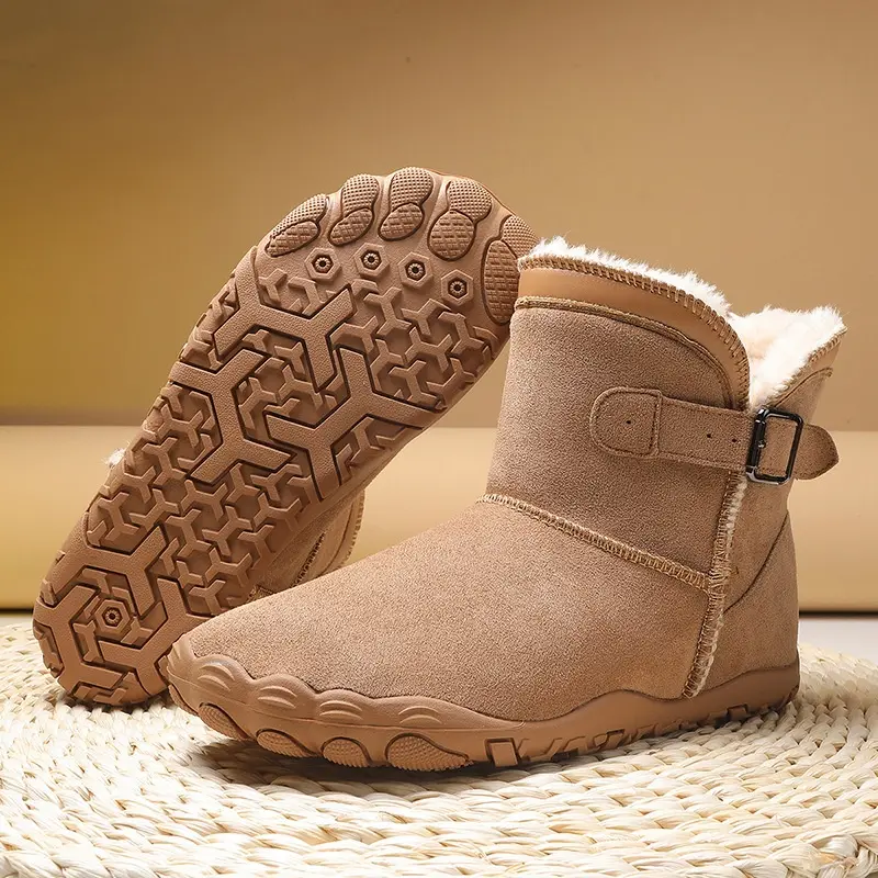 Women Men Wide Toe Barefoot Winter Snow Boots, Lightweight Non Slip Rubber Sole Ankle Booties, Water Repellent Suede Upper, Fuzzy Fleece Lined Warm Winter Boots with Adjustable Buckle, Minimalist Zero Drop Footwear for Outdoor Walking Hiking Daily Wear,so
