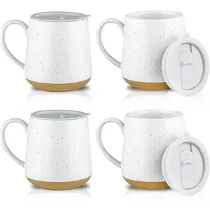 Ceramic Coffee Mug With Lid, 17oz Set of 4, Large Handle Cups for  and , Farmhouse Style (White)