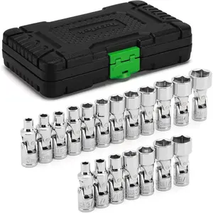 19- 1/4-Inch Drive Universal Joint Socket Set, Swivel Socket Set, 6-Point, SAE (3/16" to 9/16") and Metric (5mm to 15mm), CR-V, Universal Flex Socket for Easier Access to Tight Spaces