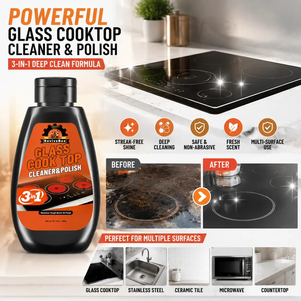 Glass Cooktop Cleaner with Powerful Polish, Easy-to-Scrub Unscented Household Cleaner for Kitchens, Streak-Free Shine for Daily Cleaning No Strenuous Effort Needed