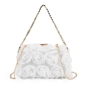 3D Flower Crystal Evening Clutch Bag with Shoulder Chain Strap