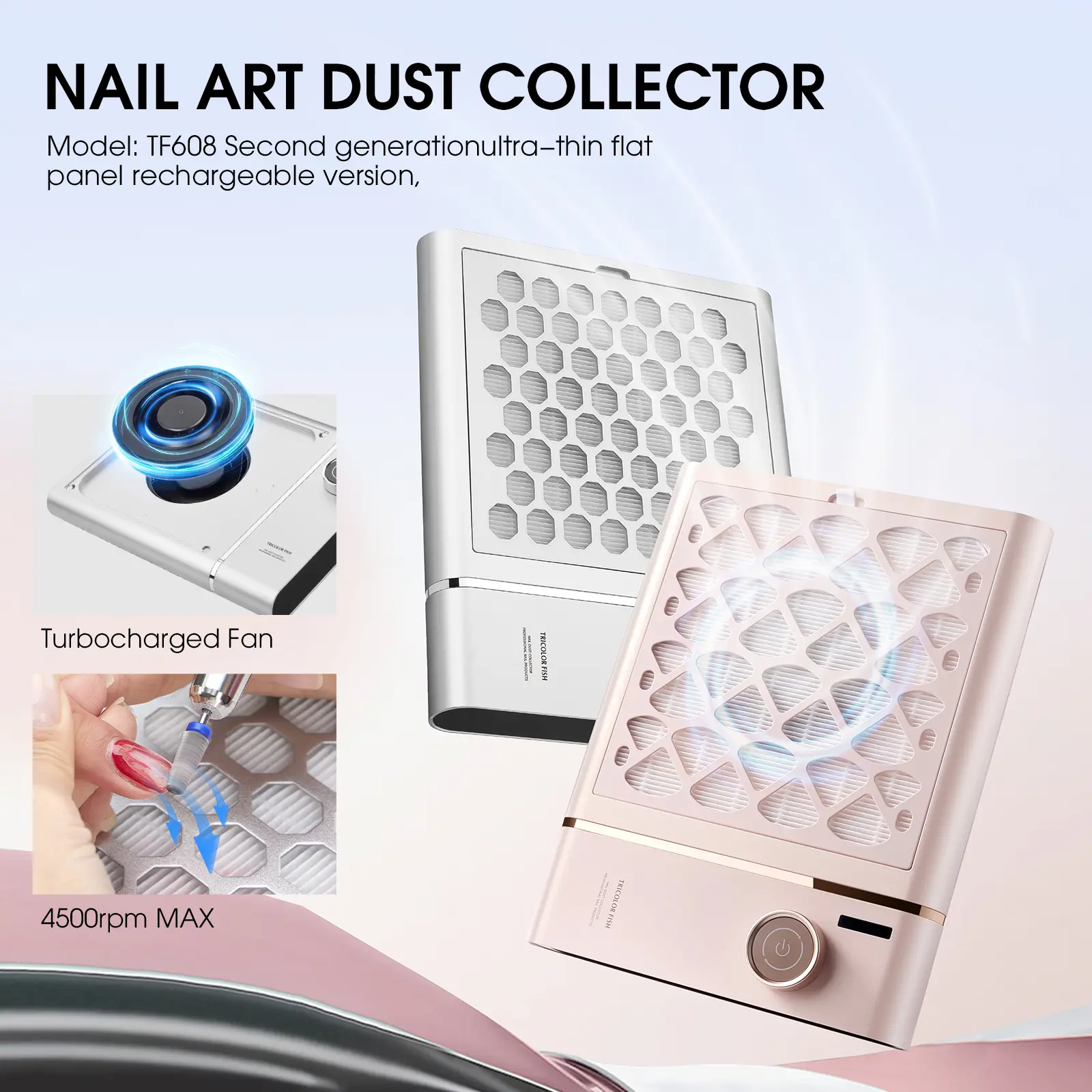 Rechargeable Nail Dust Collector with 4 Turbofans, Adjustable Suction, and Removable Filter - Lightweight, Low Noise Manicure Tool with Stainless Steel Baffles for Salon Techs