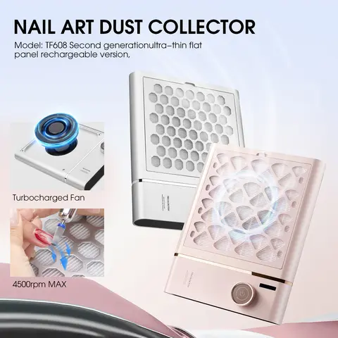 Nail Dust Collector, Rechargeable 48W 4-Turbofan Model with 4000mAh Battery, Adjustable Suction, Detachable Washable Filter, Lightweight Sturdy Low-Noise Design, Steel Baffles, ABS Shell, Salon & At-Home Nail Care Supplies for Clean Tidy Environments, 48W