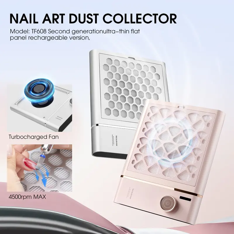 Nail Dust Collector, Rechargeable 48W 4-Turbofan Model with 4000mAh Battery, Adjustable Suction, Detachable Washable Filter, Lightweight Sturdy Low-Noise Design, Steel Baffles, ABS Shell, Salon & At-Home Nail Care Supplies for Clean Tidy Environments, 48W