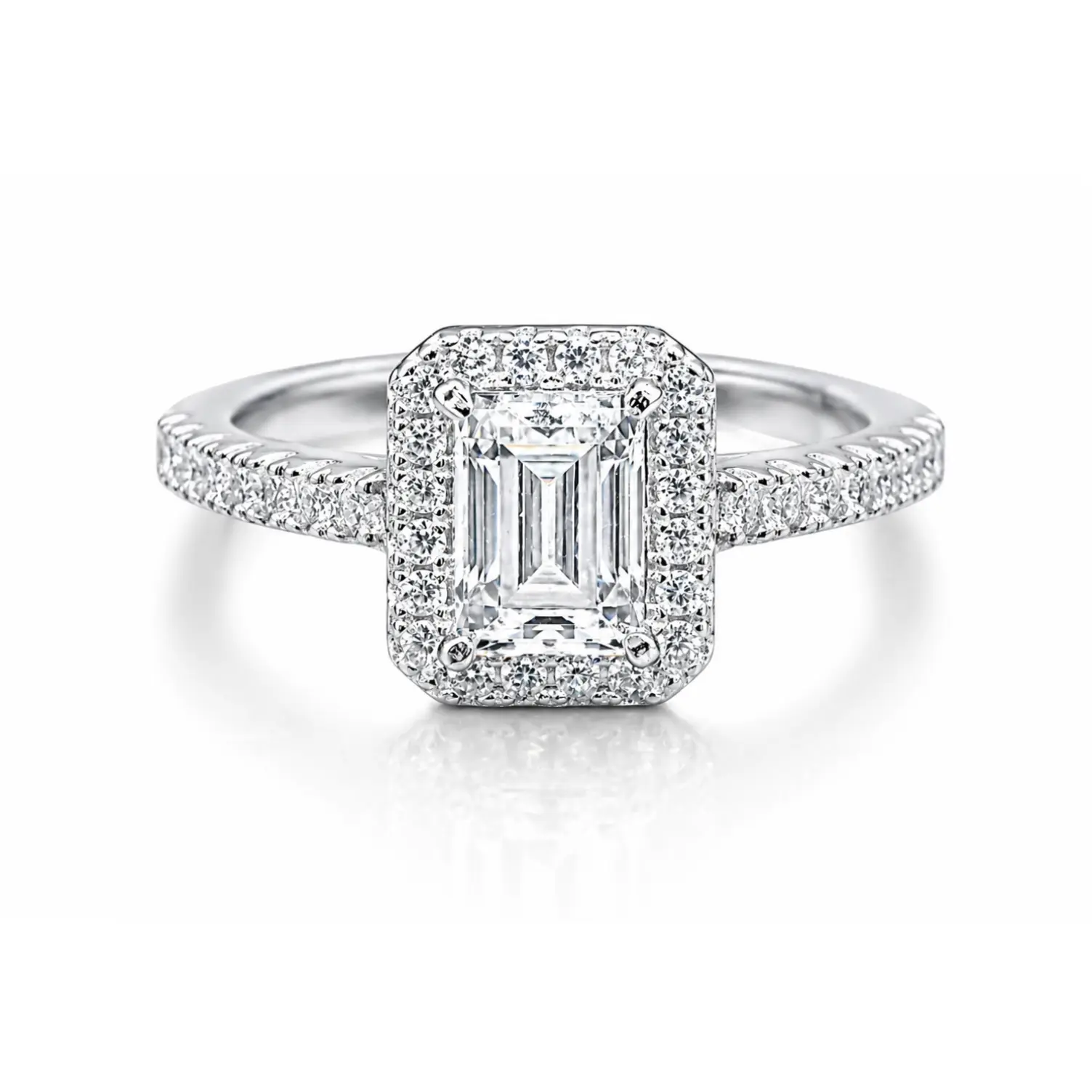 Elongated Emerald Cut 925 Sterling Silver Wedding Engagement Ring for Women with Brilliant D Color Gemstone Accents, 2Ct Moissanite, Gr Certified, Brilliant Halo, Vvs1 Clarity
