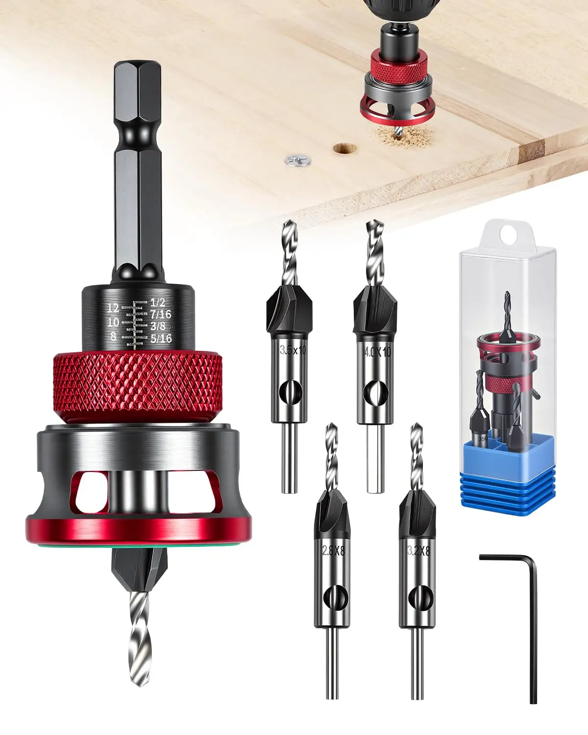 Professional 4PCS HSS M2 Countersink Drill Bit Set – 82° Tapered Cone Bits with Adjustable Depth Stop, Quick-Change 1/4" Hex Shank, and Wrench, Perfect for Woodworking, Furniture Assembly, and DIY Screw Flush-Finish Projects Modular Multipurpose
