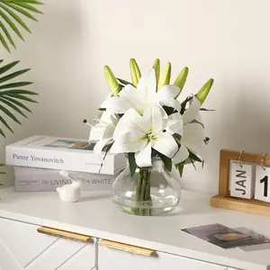 6-Pack Realistic Silk Lilies Artificial Flowers with Glass Vase – Lifelike Faux Lily Bouquet for Home Wedding Office Decor,No Maintenance,Bendable Stems,Ready-to-Display-White