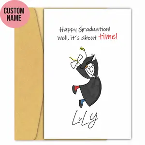 Custom Name Funny Graduation Card – “Well, It’s About Time!” Personalized Congrats Card | Cute Hand-Drawn Graduation Greeting Card