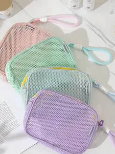 Fashion Macaron Mesh Design Storage Bag, Portable Mesh Makeup Pouch, Elegant Travel Organizer, Reusable Beach Bag, Gift Idea