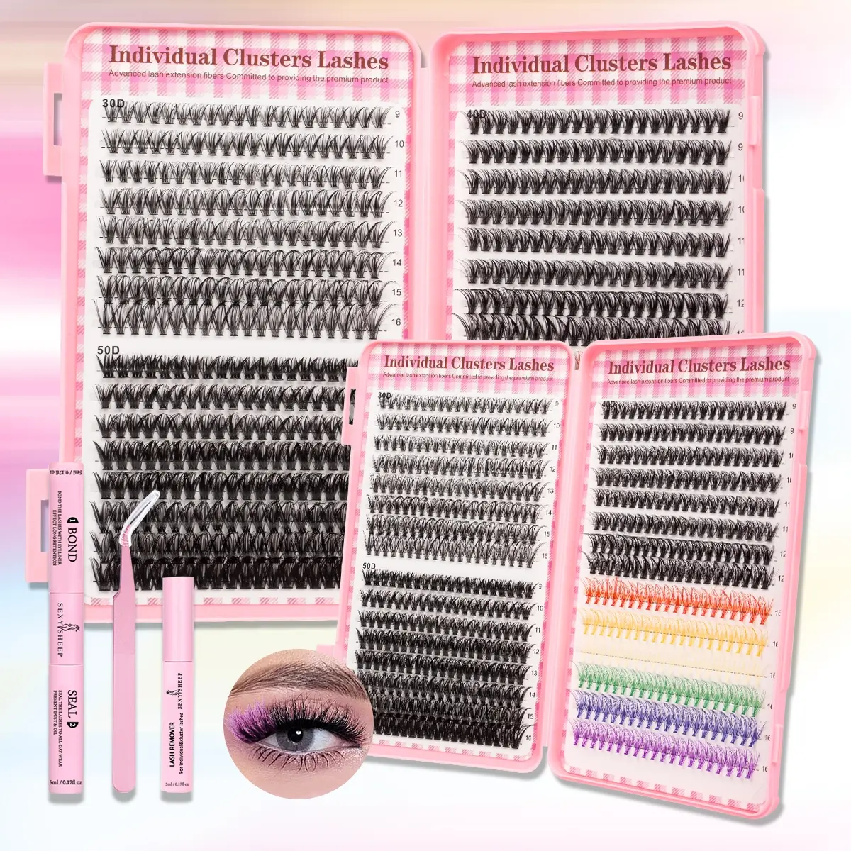 Lash Extension Kit, Eyelashes Kit Set, False Eyelash Extensions, Colored Lash Clusters 30D+40D+50D DIY 6 Colors Individual Lashes with Bond, Seal & Remover Lash Tweezers 9-16mm D Cluster Lashes