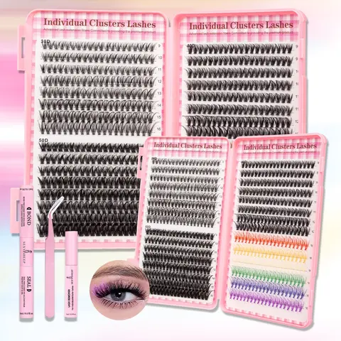 Lash Extension Kit, Eyelashes Kit Set, False Eyelash Extensions, Colored Lash Clusters 30D+40D+50D DIY 6 Colors Individual Lashes with Bond, Seal & Remover Lash Tweezers 9-16mm D Cluster Lashes