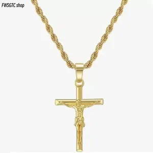 18K Gold Plated Cross Pendant Necklace, 3mm 22 Inch Rope Chain for Men & Women. Classic Religious Jewelry, Ideal Gift for Easter, Christmas & Valentine’s Day