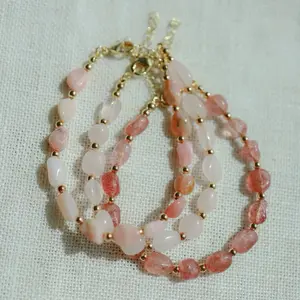 Pink Crystal Bracelet, Pink Opal, Strawberry Quartz, Rose Quartz, Tumbled Crystal bracelets in Gold
