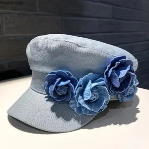 Women’s Denim Baseball Cap & Octagonal Beret Hat with Rose Floral Design, Trendy Fashion Headwear, Lightweight Foldable Hat, Stylish Casual Sun Hat for Parties, Dates, Camping, Travel & Daily Wear, Gift Idea