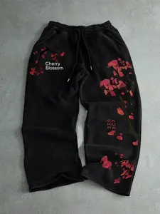 Men's Casual Sporty Long Pants, Sakura Pattern Print, Drawstring Wide Leg, All Season Loose Fit, Floral Print Sweatpants, Men's Fashion Clothing