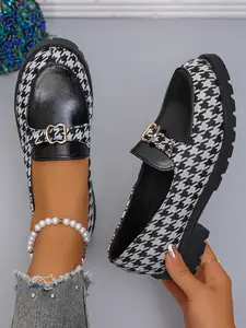 Women's Spring 2026 Fashion Plaid Mary Jane Flats, Comfortable PU Leather Loafers, Casual Round Toe Shoes for Daily Wear-