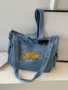 Retro distressed denim chain shoulder handbag, niche design simple and classic imitation denim button design, trendy  fashionable casual versatile handbag, suitable for daily travel, shopping, travel, etc., Denim shoulder purse