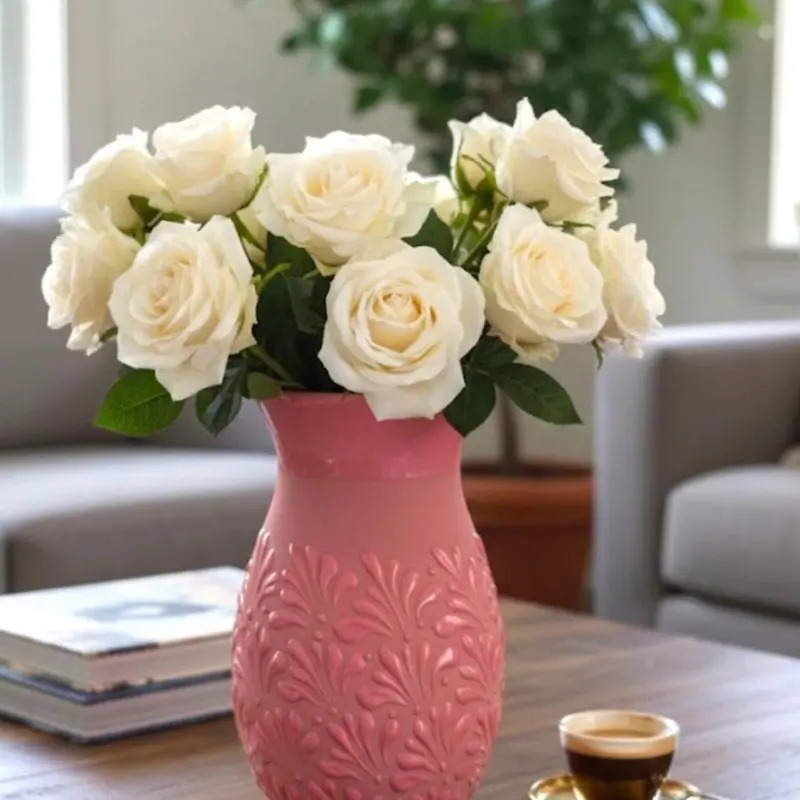 Pink Handmade Flower Vase with Embossed Design for Home Decor