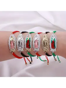One Elegant Gold  Plated, Enamel-Painted Alloy Virgin Mary Adjustable Hand-Woven Rope Bracelet Suitable for Daily Wear, Christmas-Themed Gifting, and Friendship Jewelry