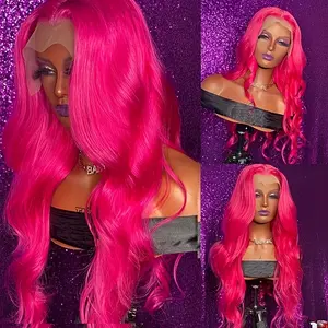 Hot Pink Color Lace Frontal Synthetic Wig Long Curly Prelucked Hair Gluesless Heat Resistant Fiber Hair Free Part for Natural Look for Women