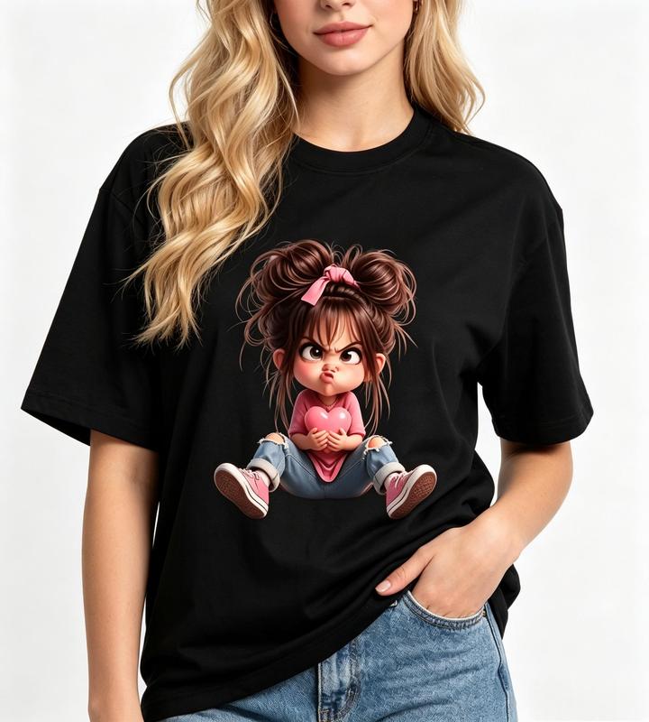 Women's Black Oversized Cotton Crew Neck Tshirt - Cute Angry Girl with Pink Bow, Comfortable Fit Lady Streetwear Clothing for Casual Beach Wear